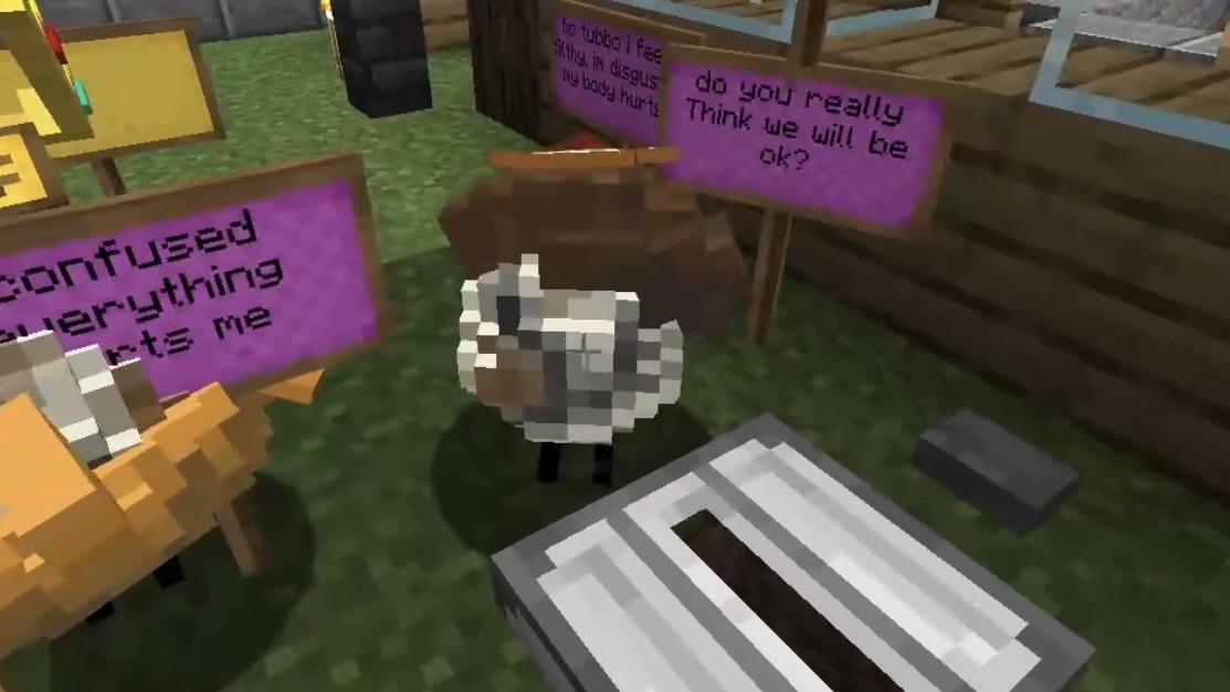 A screen shot from Tubbo's stream. They stand outside Phil's trapdoor to his house, Tubbo stands over Tallulah, who is visibly dirty and cracked. She holds a sign that says 'do you really Think we will be okay?' In the background, there is another one of Tallulah's signs that can be read. 'tio tubbo, i feel filthy, im disgusting, my body hurts. Next to Tallulah, there is another sign but Chayanne's duck covers the majority of it. What we can read says, 'confused...everything [hurts] me.'